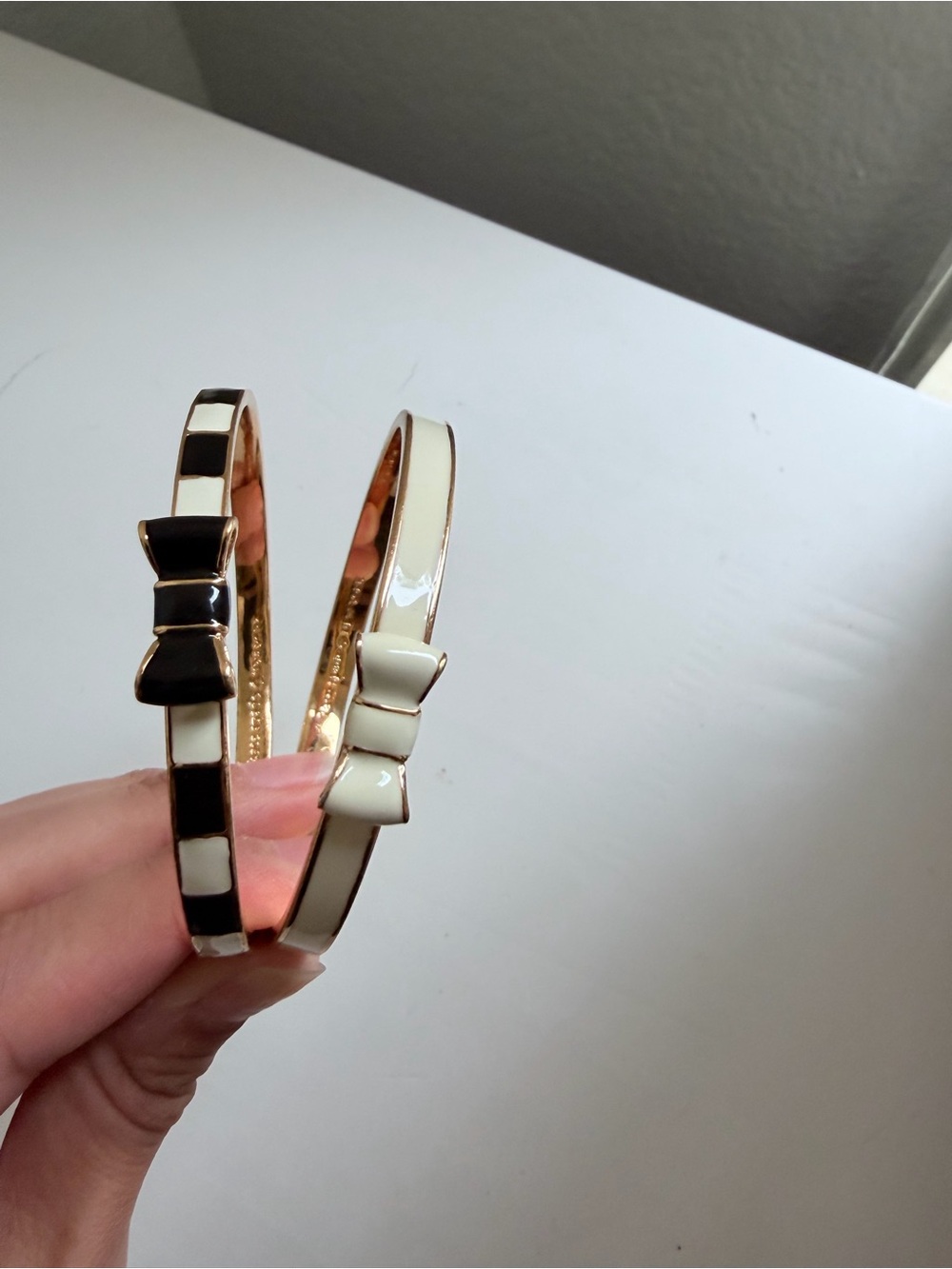 Gold-Tone Black & Cream Enamel Bow Bangle Bracelets